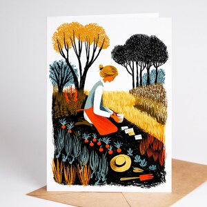 May include: An illustrated greeting card depicts a person gardening. The person is kneeling in a garden, wearing a white shirt, blue vest, and red apron. The scene includes trees, plants, a straw hat, and gardening tools.