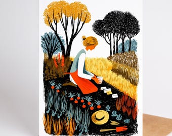 May include: An illustrated greeting card depicts a person gardening. The person is kneeling in a garden, wearing a white shirt, blue vest, and red apron. The scene includes trees, plants, a straw hat, and gardening tools.