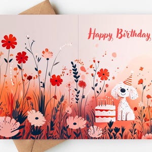 Carte d'anniversaire de chien, chiot mignon joyeux anniversaire - carte florale d'amant de chien de jardin, 5 x 7 blanc à l'intérieur, carte de voeux d'anniversaire d'animal de compagnie
