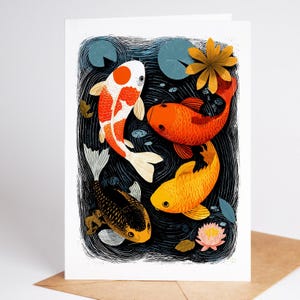 Folk art koi fish pond note card