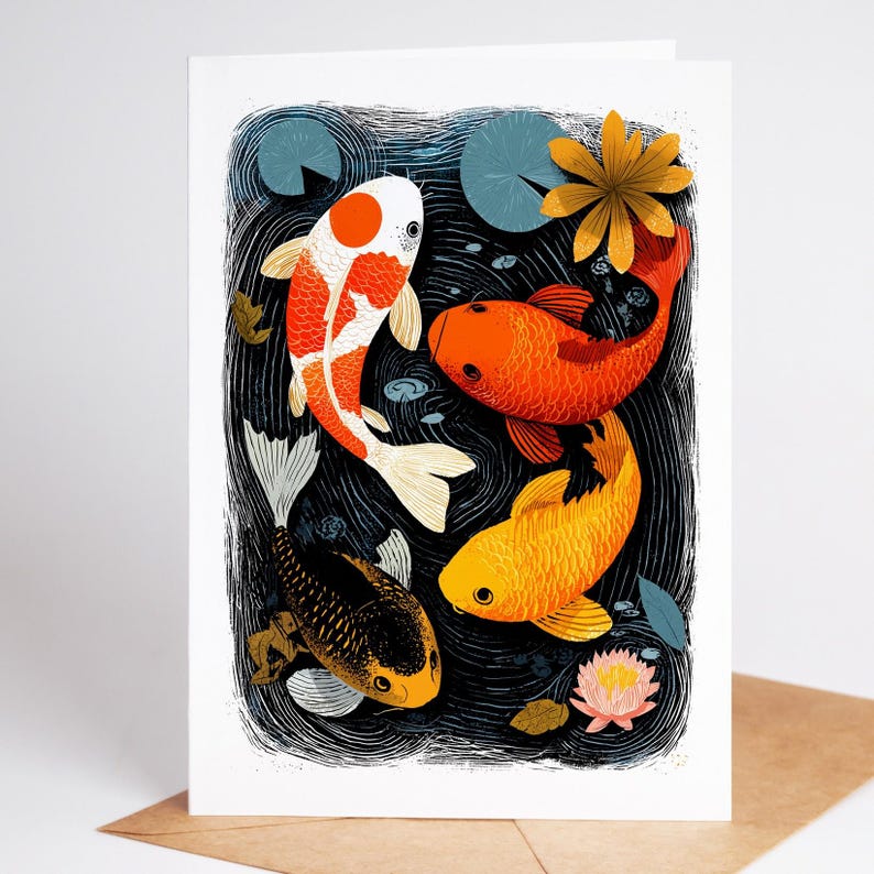 Folk art koi fish pond note card