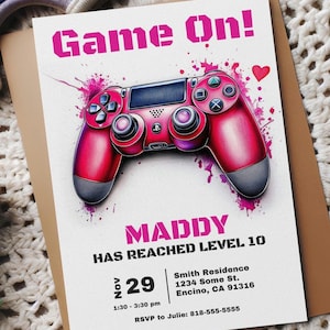 Convite de aniversário de garota gamer | Convite editável para festa de garotas gamer | Modelo de aniversário de videogame