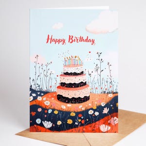 Carte d'anniversaire fantaisiste avec un gâteau et des fleurs | carte de voeux florale d'anniversaire 5 x 7 | Carte d'anniversaire inspirée de la nature pour elle ou pour lui