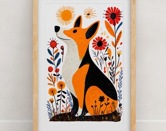 Corgi Floral Art Print: Botanical Dog Illustration, Modern Folk Art Wall Decor, Corgi Gift, Dog Lover Poster