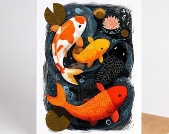 Koi Fish Cards Set of 10, Blank Note Cards with Envelopes, Japanese Koi Pond Folk Art Stationery, Fish Lover Gift, Linocut Style