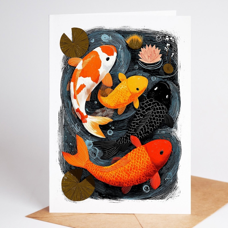 Folk art koi fish pond note card