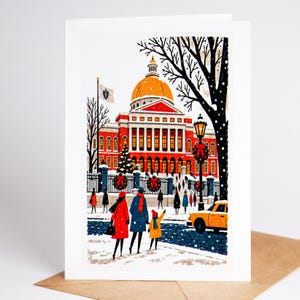 Boston Christmas card standing upright, the golden dome of the Massachusetts State House above the Common