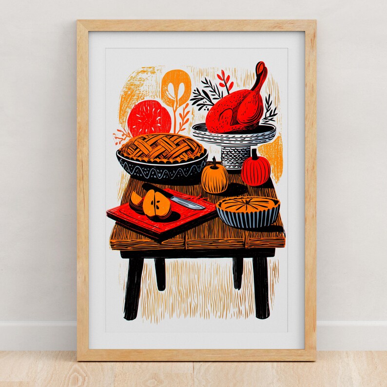 Thanksgiving table folk art print with a roast turkey, pies and pumpkins, framed in light oak