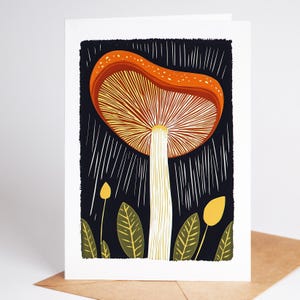 Folk art mushroom greeting card, linocut style
