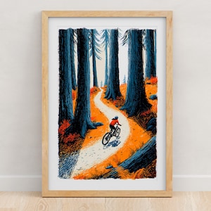 Pu&ograve; includere: Una stampa artistica incorniciata che mostra l'illustrazione stilizzata di un ciclista in mountain bike lungo un sentiero tortuoso in una fitta foresta. La scena utilizza una tavolozza di colori ad alto contrasto con alberi blu scuro.