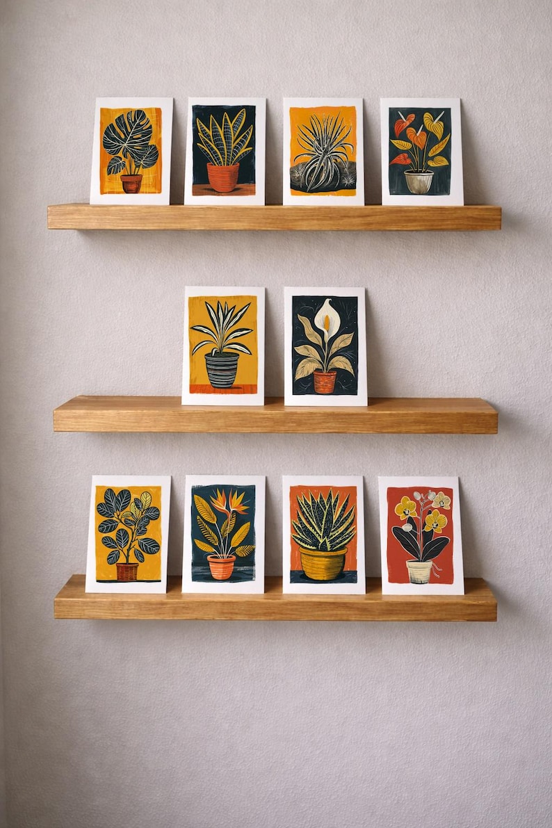 Ten houseplant note cards displayed on three wooden shelves against a grey wall