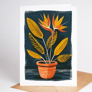 Bird of paradise folk art note card with orange blooms on a navy background