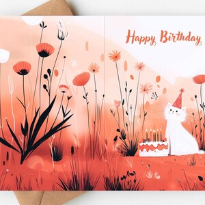 Carte d'anniversaire chat, voeux de joyeux anniversaire chaton blanc mignon - Carte florale pour amoureux des chats, 5 x 7 pouces blancs à l'intérieur, carte fantaisiste pour animal de compagnie