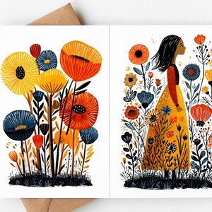 Wildflower Greeting Card or Set of 4 | 4.25 x 5.5 Blank Botanical Note Cards with Envelopes | Floral Art Girl in Meadow Nature Card