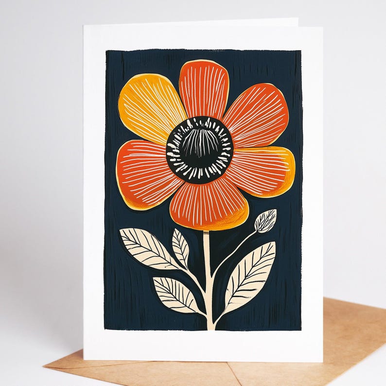 Mid century modern folk art flower greeting card