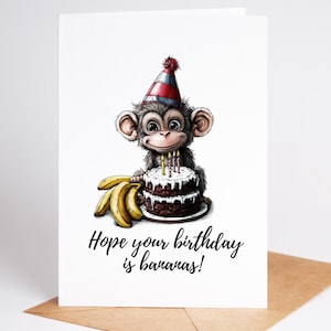 Jolie carte de voeux d'anniversaire sur le thème du singe avec un motif animal de la jungle, parfaite pour les enfants et les amoureux des animaux qui célèbrent un anniversaire amusant et ludique