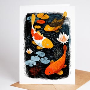 Folk art koi fish pond note card