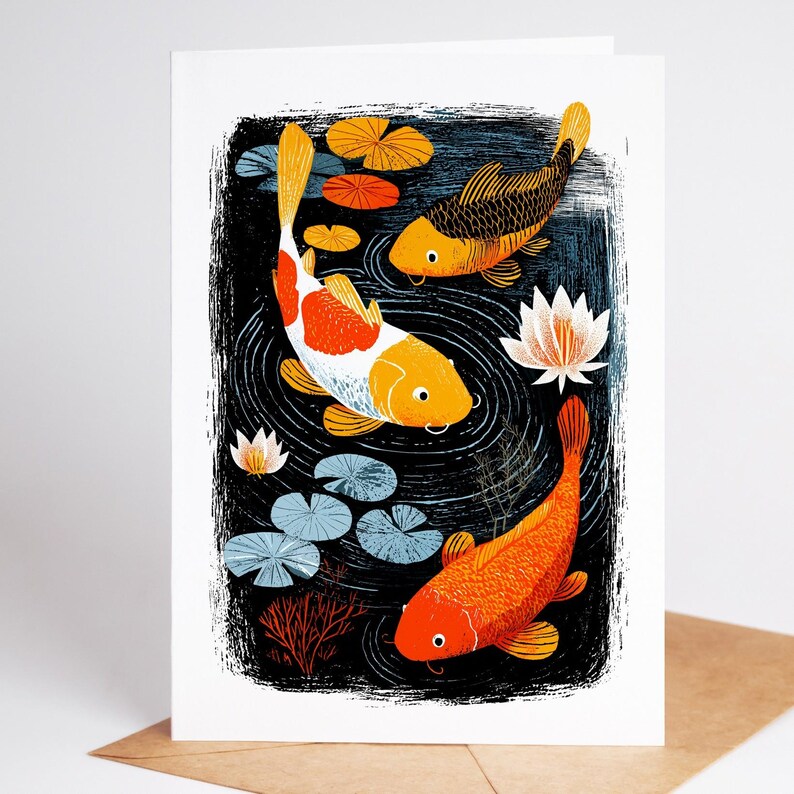 Folk art koi fish pond note card