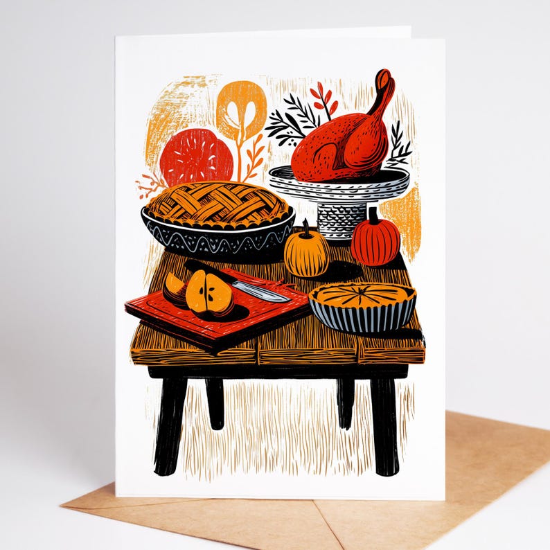 K&ouml;nnte beinhalten: Gru&szlig;karte zum Thema Thanksgiving. Das Bild zeigt einen Tisch mit einem gebratenen Truthahn, Kuchen, K&uuml;rbissen und einer aufgeschnittenen Birne auf einem Schneidebrett. Die Illustration verwendet Orange, Rot und Schwarz.