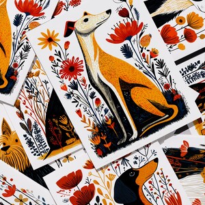 May include: A collection of rectangular art prints featuring stylized illustrations of dogs, including a greyhound and a dachshund, surrounded by vibrant red, orange, and yellow floral patterns against a white background.