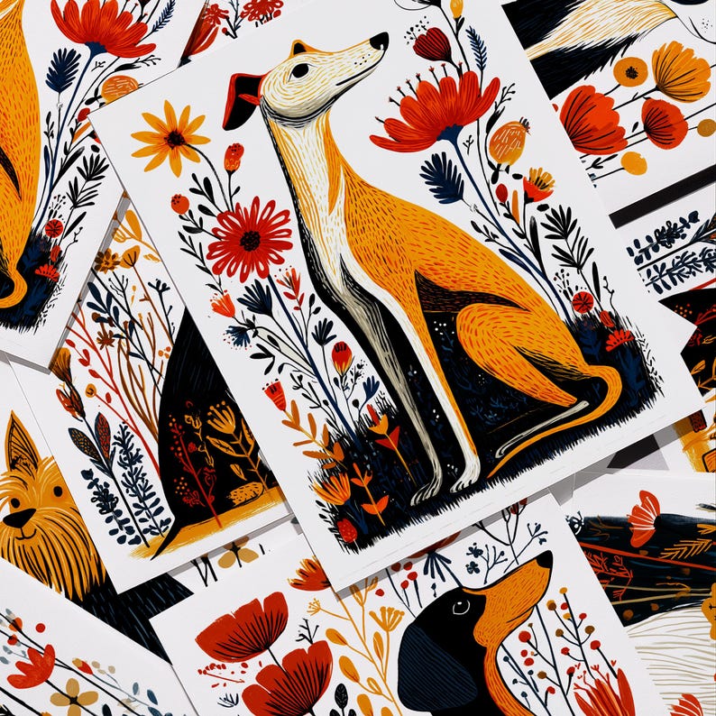 May include: A collection of rectangular art prints featuring stylized illustrations of dogs, including a greyhound and a dachshund, surrounded by vibrant red, orange, and yellow floral patterns against a white background.