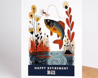 Fly Fishing Card, Retirement Card for Men, Personalized Happy Retirement Card with Custom Name, Retirement Card for Boss or Colleague