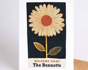 Personalized New Home Card, Housewarming Gift, Custom Name Floral Card, Welcome Home Card, Mid Century Modern Flower Card, New House Card