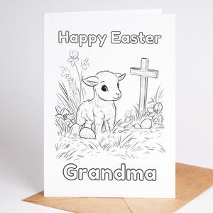 Tarjeta de Pascua editable con cruz y cordero, tarjeta religiosa para colorear de Pascua para imprimir, tarjeta de Pascua personalizada para hacer tú mismo, plantilla Canva