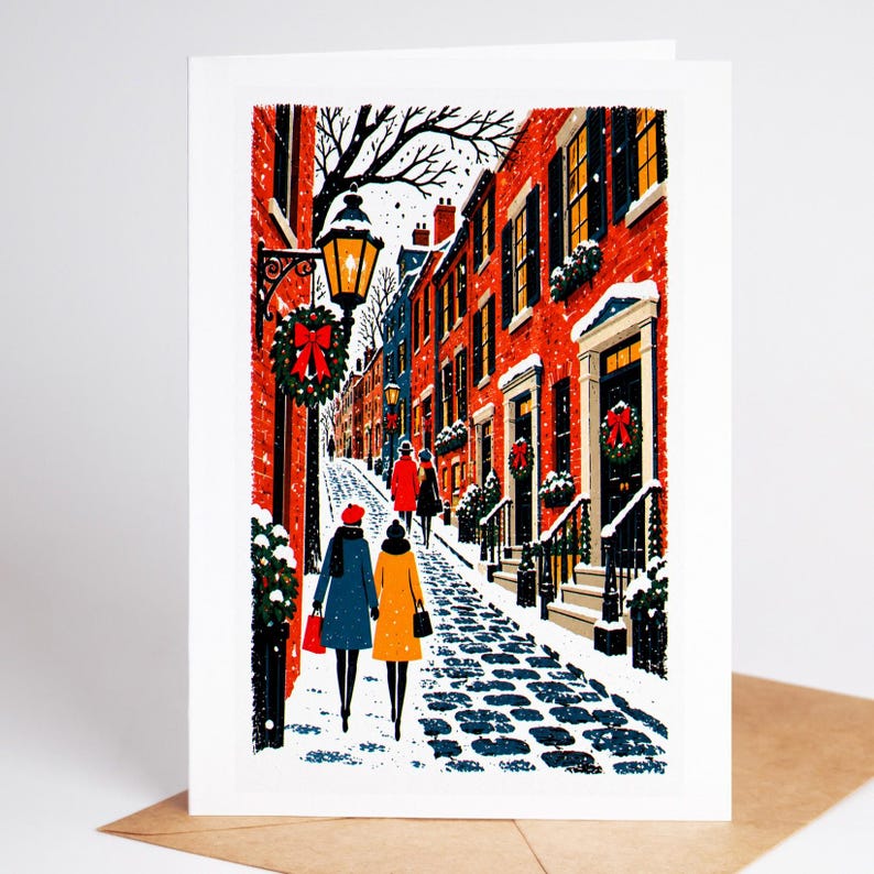 Boston Christmas card standing upright, the gas lamps and brick row houses of Beacon Hill under snow