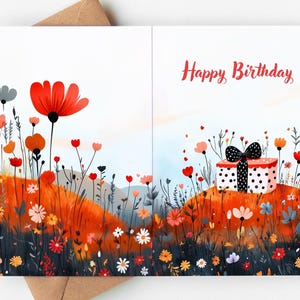 Alles Gute zum Geburtstag Karte mit Geschenk und Wildblumen | 5x7 Blumen Geburtstag Grußkarte | Lebendige illustrierte Karte für Sie oder Ihn | Innen leer