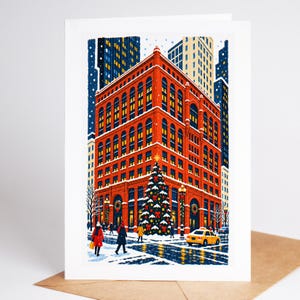 Chicago Christmas card standing with envelope, the Rookery Building at LaSalle and Adams beside a lit Christmas tree