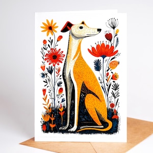 May include: A greeting card featuring a stylized illustration of a tan and white dog sitting upright. The dog is surrounded by vibrant red, orange, and dark blue floral patterns and foliage on a white background, creating a detailed botanical scene.