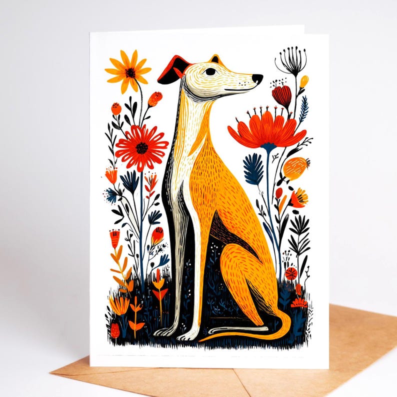 May include: A greeting card featuring a stylized illustration of a tan and white dog sitting upright. The dog is surrounded by vibrant red, orange, and dark blue floral patterns and foliage on a white background, creating a detailed botanical scene.