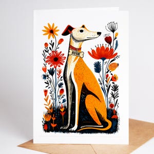 Whippet card with a collar and a dog tag reading Rosie, standing on a kraft envelope
