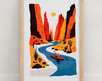 Kayak Art Print | Whitewater River Wall Art | Folk Art Paddler Poster | Kayaker Gift | Gallery Wall | 8x10 or 11x14