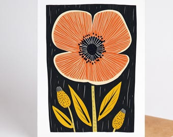 Mid Century Modern Floral Note Cards, Set of 10 Flower Greeting Cards, Bold Botanical Blank Cards with Envelopes, Retro Linocut Folk Art