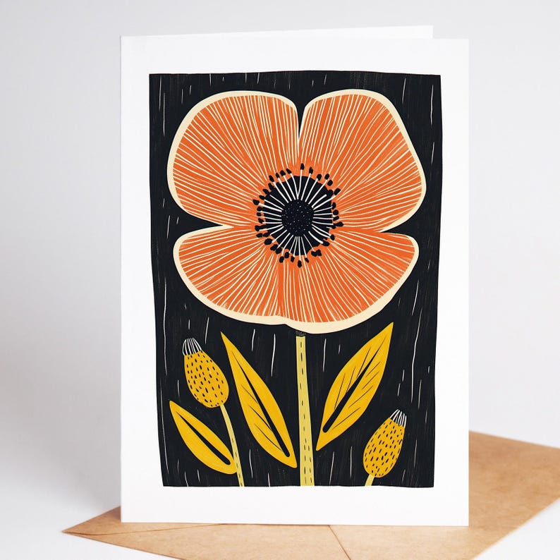 Mid century modern folk art flower greeting card