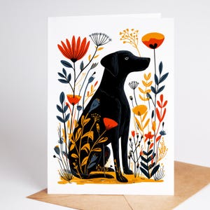 Carte de voeux Black Lab – Note florale d'art folklorique pour les amoureux des chiens 4,25 × 5,5 papeterie vierge d'anniversaire et de remerciement | Jolie carte Labrador