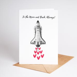 Tarjeta de amor del transbordador espacial de la NASA / Tarjeta de aniversario para novio o esposo / Tarjeta de felicitación con temática espacial y corazones dibujados a mano