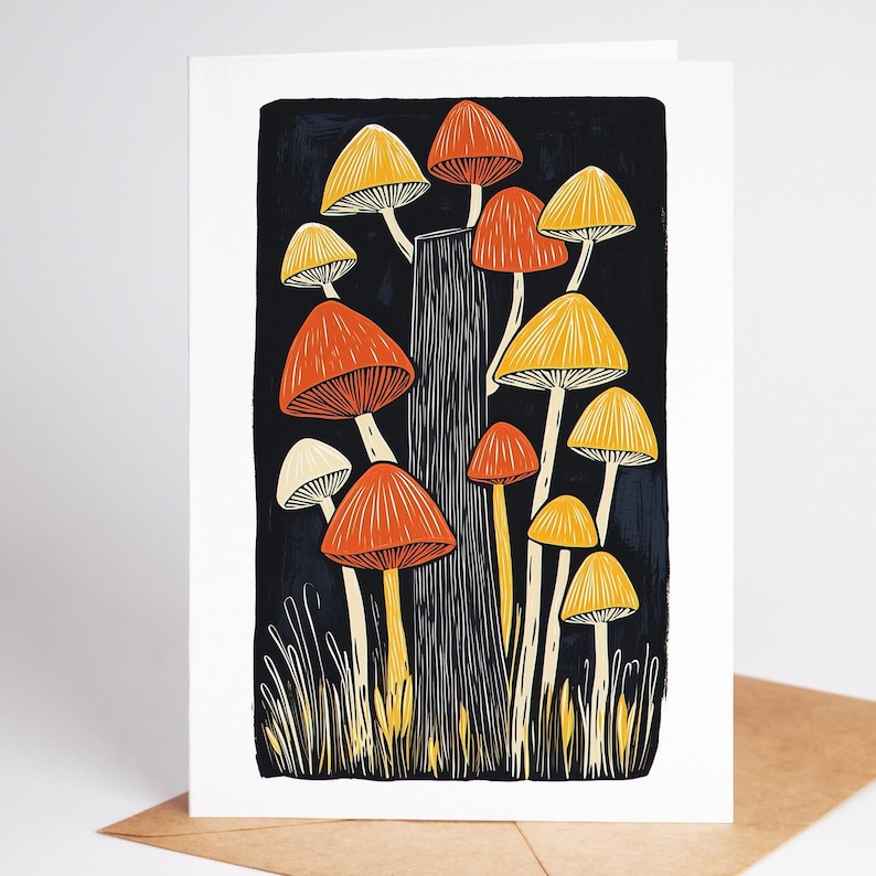 Folk art mushroom greeting card, linocut style