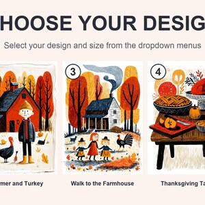 Numbered guide to the five Thanksgiving folk art print designs: turkey, farmer, farmhouse, table and pumpkin patch