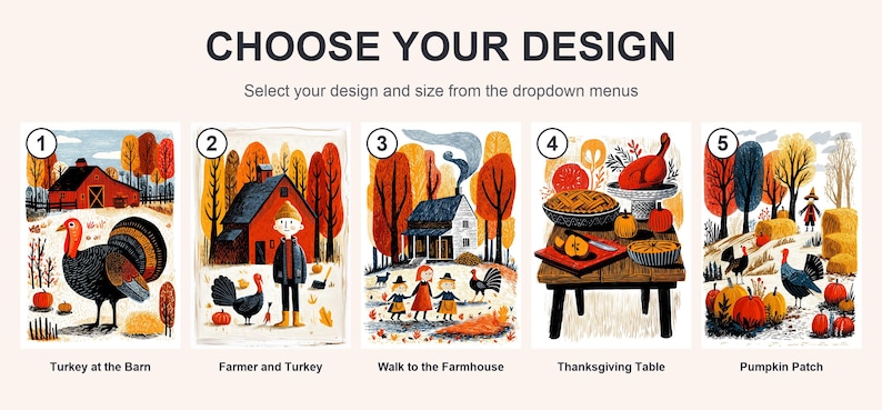 Numbered guide to the five Thanksgiving folk art print designs: turkey, farmer, farmhouse, table and pumpkin patch