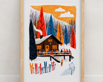 Skiing Art Print | Alpine Slopes Wall Art | Folk Art Ski Poster | Ski Lodge Decor | Skier Gift | 8x10 or 11x14