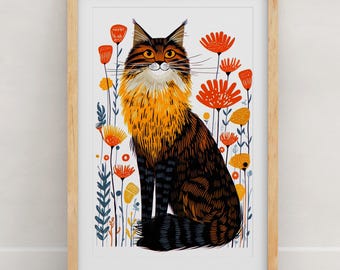 Maine Coon Cat Floral Art Print: Botanical Cat Illustration, Modern Folk Art Wall Decor, Maine Coon Cat Gift, Cat Lover Poster