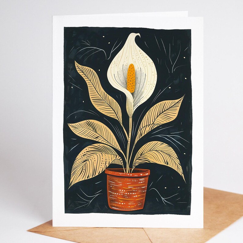Peace lily folk art note card with a single white bloom on deep navy