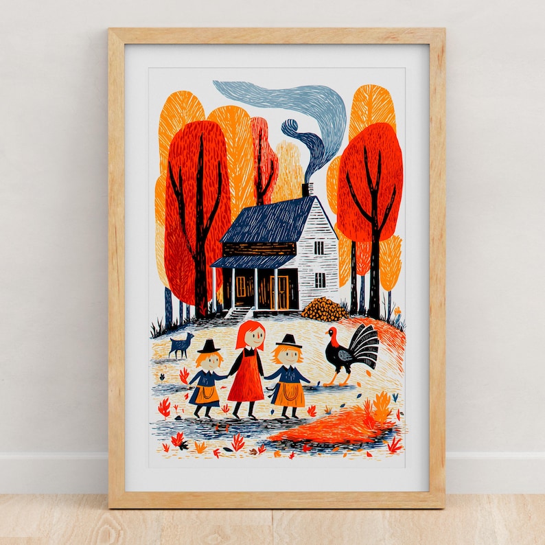 Thanksgiving folk art print of three children walking to a white farmhouse, framed in light oak against a white wall