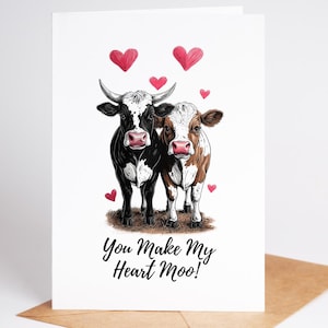 Tarjeta de aniversario con temática de vaca / Tarjeta divertida con animales de granja / "¡Haces que mi corazón muga!" / Linda tarjeta romántica para él o ella / Linda tarjeta para parejas