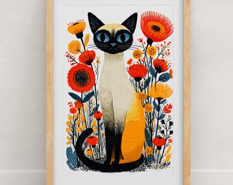 Siamese Cat Floral Art Print: Botanical Cat Illustration, Modern Folk Art Wall Decor, Siamese Cat Gift, Cat Lover Poster