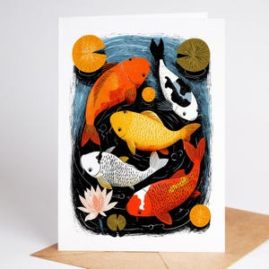 Folk art koi fish pond note card