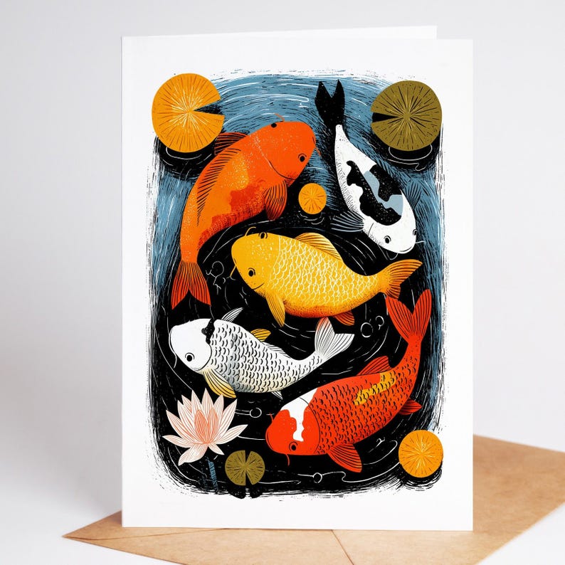 Folk art koi fish pond note card